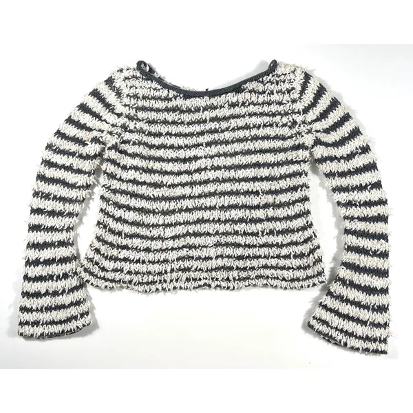 Free People Downy XS Striped Knit Pullover Bell Sleeve Sweater Grey Ivory EUC - Image 5