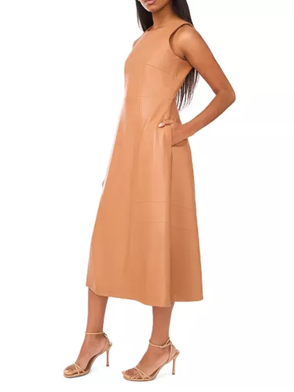 Parker Tan Sleeveless Faux-Leather Midi Dress - Image 2