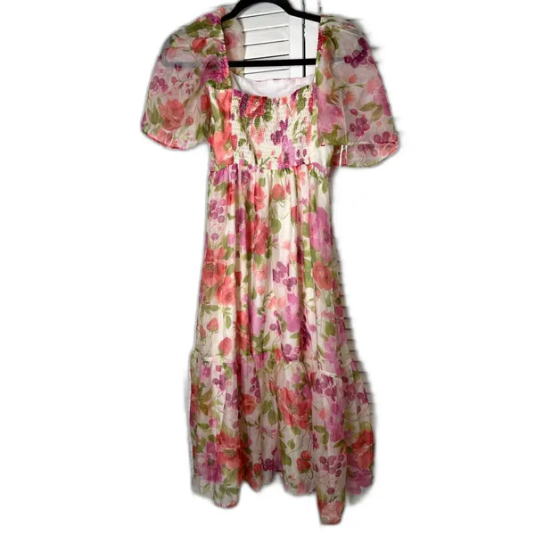 Abercrombie & Fitch Emerson Strawberry Floral Tiered Angel Sleeve Midi Dress M - Image 4