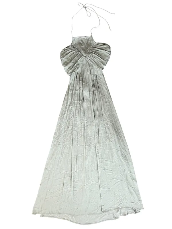 Anthropologie Women’s Halter Neck Tie Back Flowy Maxi Dress Sage Green Size M - Image 12