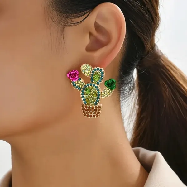 Desert Disco Rhinestone Cactus Statement Earrings — Western Kitsch – NWT Green - Image 6