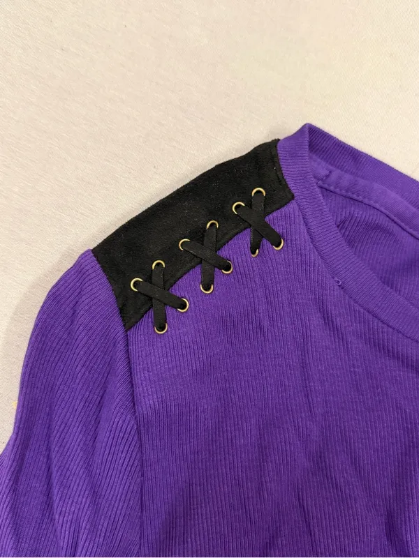 Lauren Ralph Lauren Purple Top with Black suede Lace-Up Shoulders large - Image 6