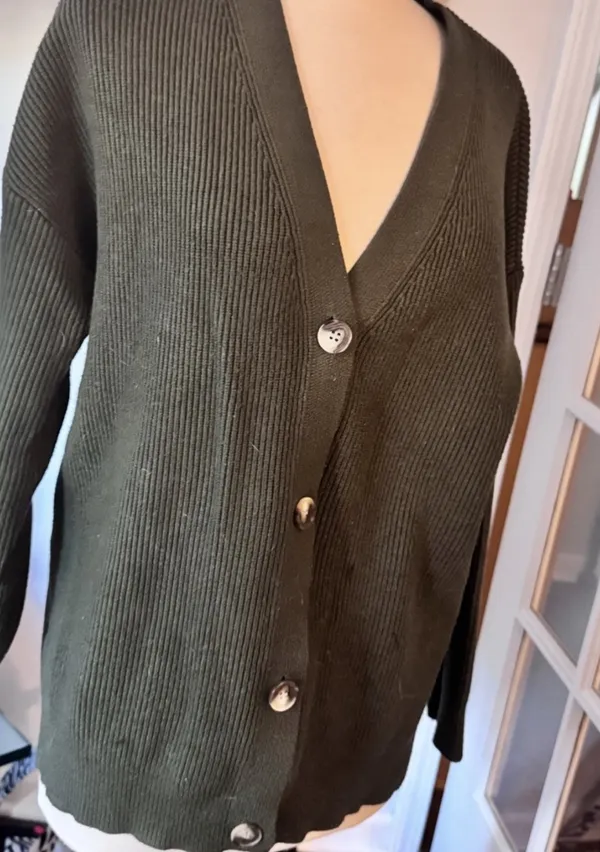 MEROKEETY Olive Green Ribbed V-Neck Cardigan Sweater - Image 7
