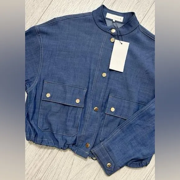 Zara NWT navy blue denim print pocket front bomber jacket - Image 5