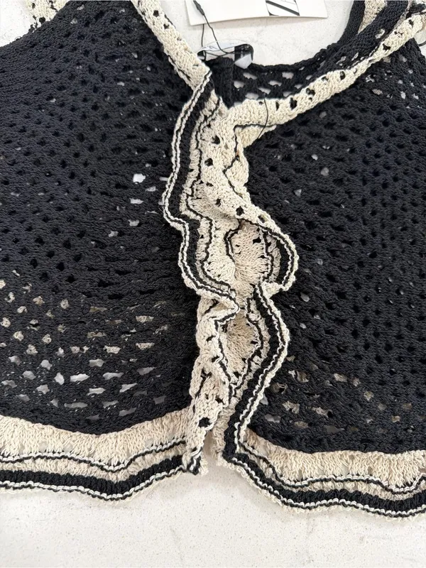 Zara Black Crochet Tank with Cream Ruffle Trim - Image 5