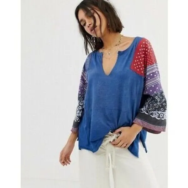 ✨FREE PEOPLE Shibuya Boho Sz Large Denim Patchwork Top✨ - Image 2