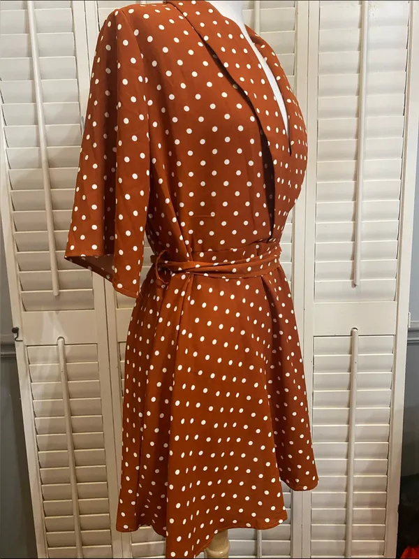 PrettyLittleThing Rust Polka Dot Wrap Mini Dress - Image 8