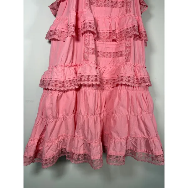 Unbranded Tiered Ruffle Mini Dress Pink Lace Trim Cotton Romper Small - Image 3