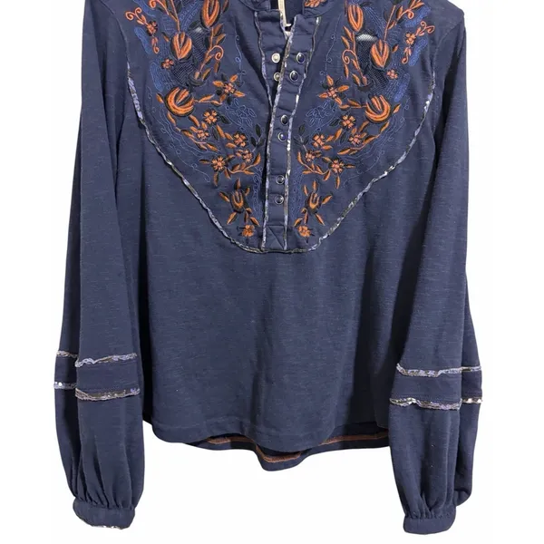 Free People Sundance Kid Embroidered Western Henley Top Navy Women's‎ Size XS - Image 5