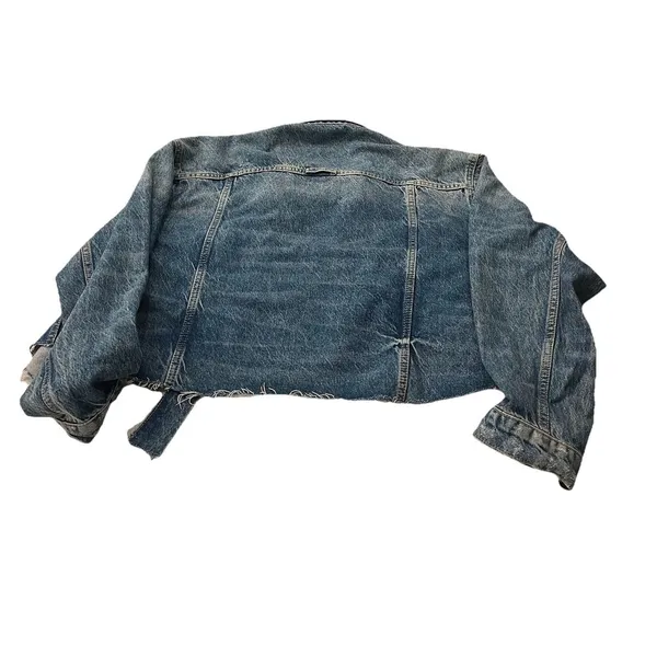 Free People Distressed Denim Jacket Cut-Off Frayed Edge Cropped Oversized sz S - Image 3