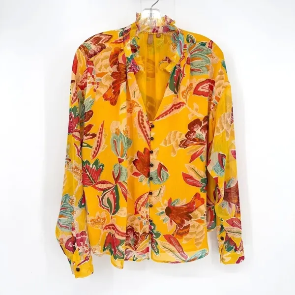 Pilcro Anthropologie Floral‎ Blouse Womens 1X Yellow Ruffle V-Neck - Image 5