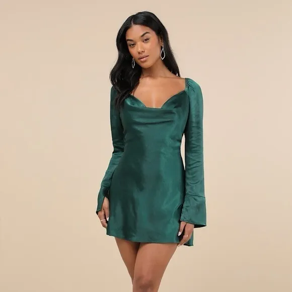 NEW Lulus Sensational Fate Emerald Green Satin Cowl Neck Mini Dress Sz Small - Image 6