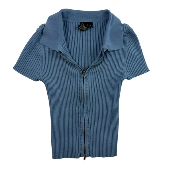 Rue 21 Vtg Y2K XS Top Soft Girl Double Zipper‎ Baby Blue Ribbed Fitted Coquette Dainty - Image 2