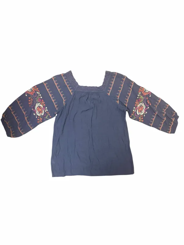 Entro Small Navy Embroidered Boho Peasant Blouse Balloon Sleeve Top Folk - Image 3