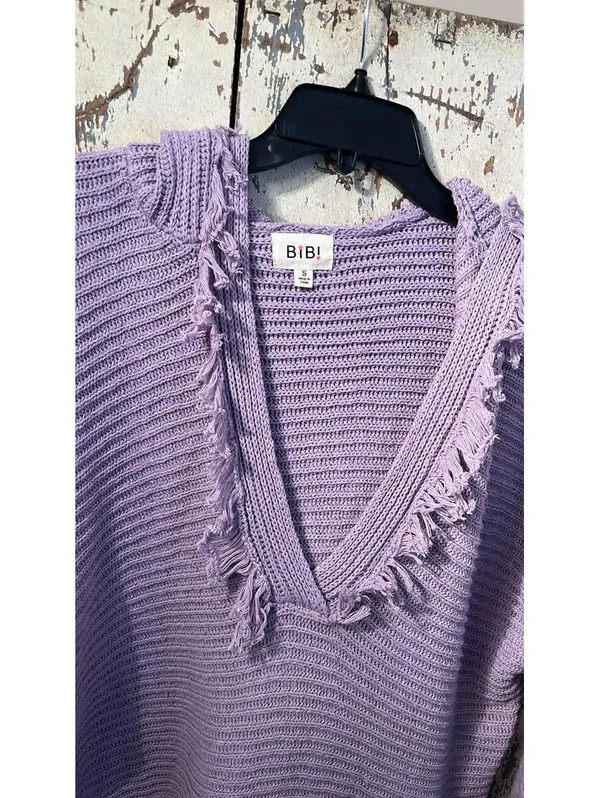 BIBI V Neck Hooded Sweater Fringe Small Long sleeves Purple artsy boho - Image 2