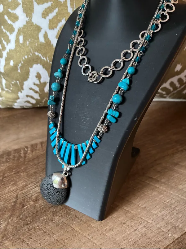 Silver Tone Faux Turquoise And Faux Charcoal Stone Necklaces, 3 - Image 6