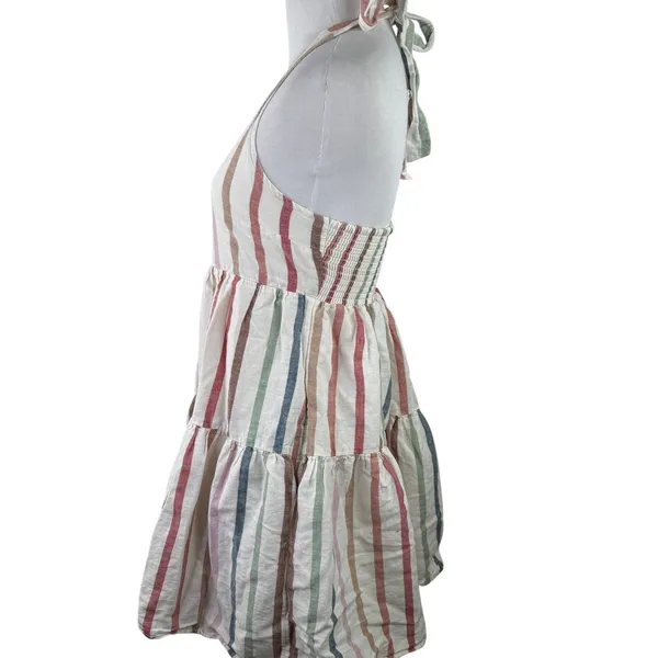 American Eagle Multicolor Striped Halter Tiered Linen Dress Size Small - Image 5