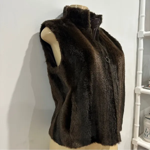 LOFT Faux Fur Vest Sz S Full Zip Brown Ann Taylor Loft - Image 4