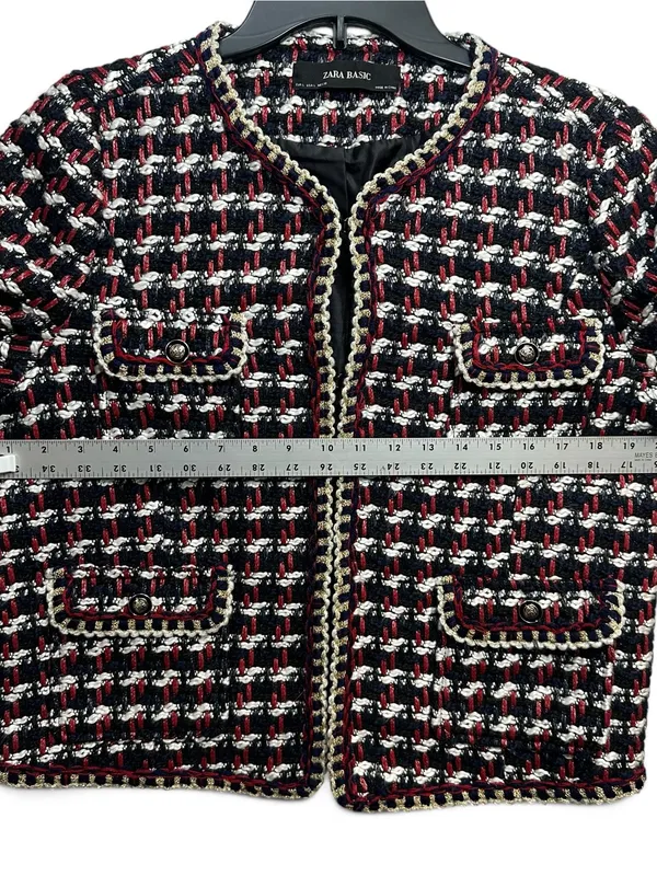 Zara Basic Tweed Bouclé Jacket Women’s L Red Black White Gold Trim Blazer - Image 5