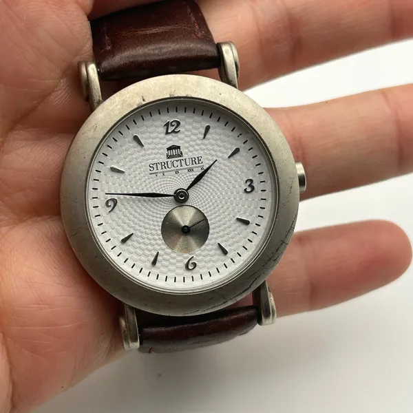 Vintage Structure Textured White Dial Brown Leather Strap Watch Working - Image 7