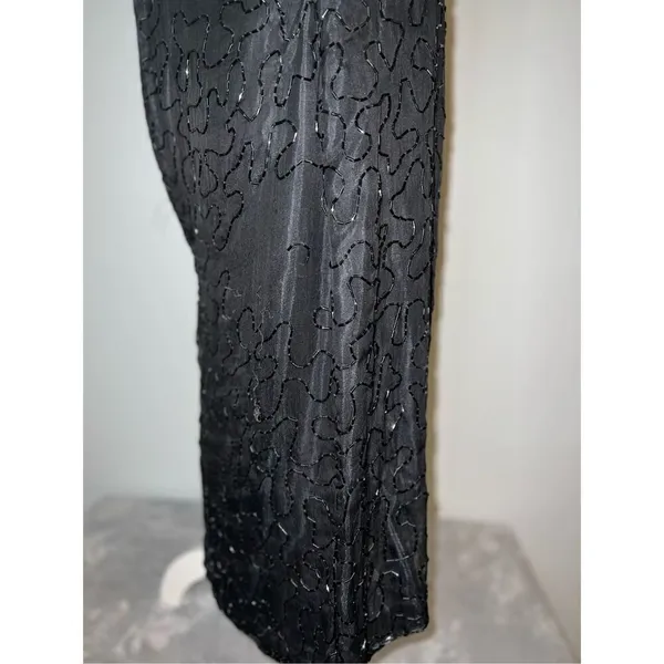 100% Silk Vintage Women’s Black Beaded Open Back MIDI Dress LARGE - Image 11