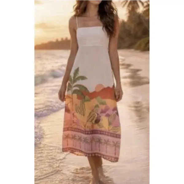 New Paper Heart Strapless Maxi Dress Linen Tropical Palm Print Resort Size Small - Image 3