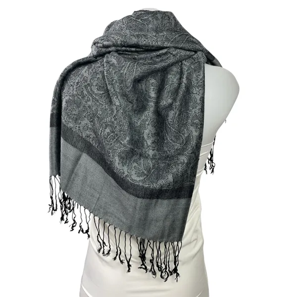 Pashmina Black Gray Paisley Colorblock Silk Fringe Wrap Shawl Neck Scarf OS - Image 3