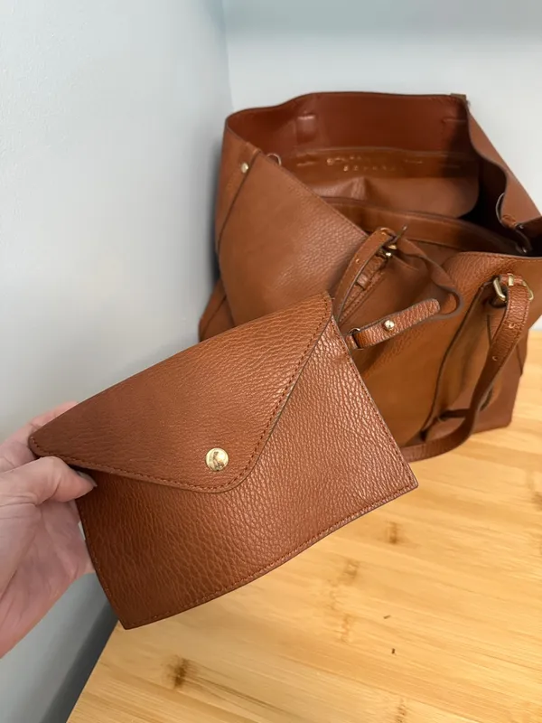 Sondra Roberts Squared Cognac Brown Tote with Gold Buckles Computer Bag or Purse - Image 11