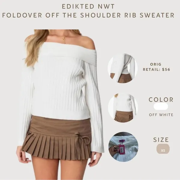 NWT Y2K Edikted White Ribbed Cowl Neck Sweater‎ XS - Image 2