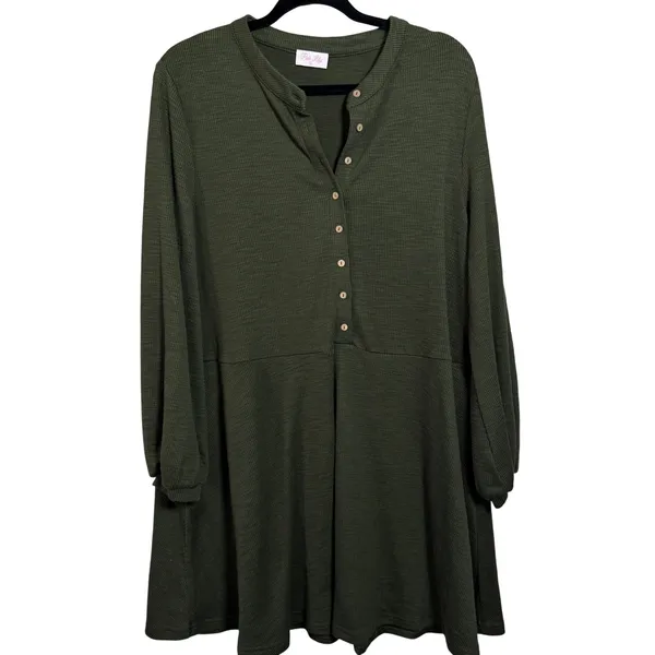 Pink Lily Olive‎ Green Waffle Knit Button Neck Swing Dress Size L - Image 3