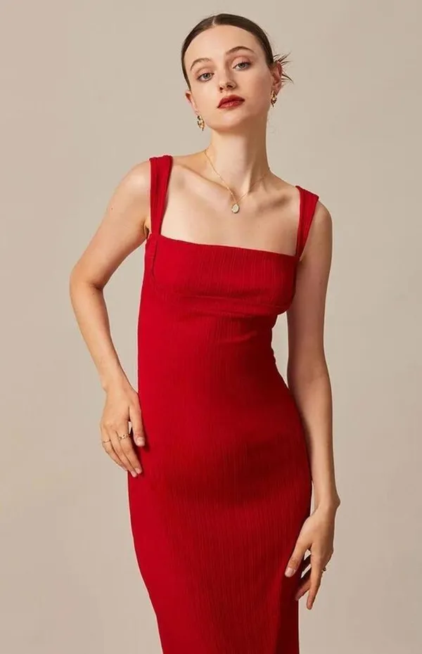 RIHOAS The Red Square Neck Ribbed Midi Dress S - Image 2