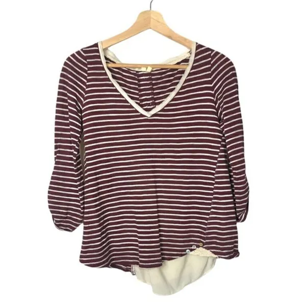 Anthropologie Meadow Rue Cassia Red Striped‎ Lace Back Long Sleeve Top S - Image 3