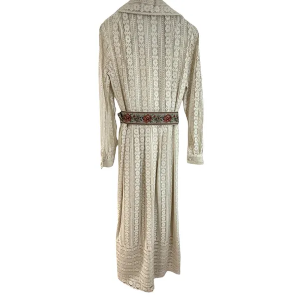 Vtg 70s John California Button Down Lace Dress Maxi Womens Cream Boho Collared - Image 4