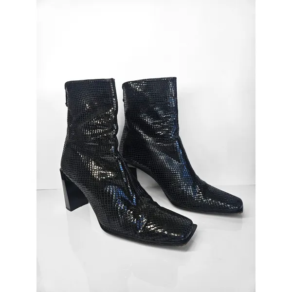 Stuart Weitzman Black Snake Embossed Leather Square Toe Block Heel Boots‎ 8.5 AA - Image 9