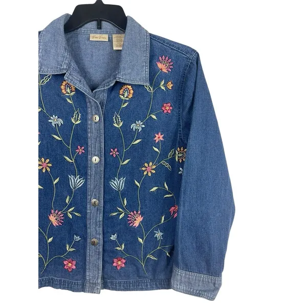 VTG 90s Bobbie Brooks Embroidered Floral Mixed Denim Shirt Button Up L Boho - Image 3