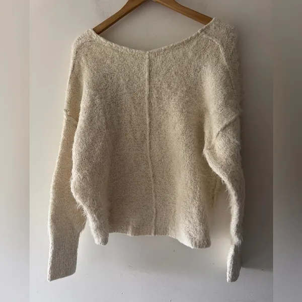 Free People Fuzzy‎ Soft Ivory V Neck Sweater - Image 5