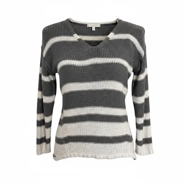 RDI gray white striped open knit V-neck sweater acrylic Size Small - Image 2