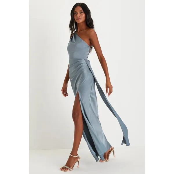 Lulus Signature Elegance Slate Blue Satin One-Shoulder Maxi Dress size Medium - Image 3