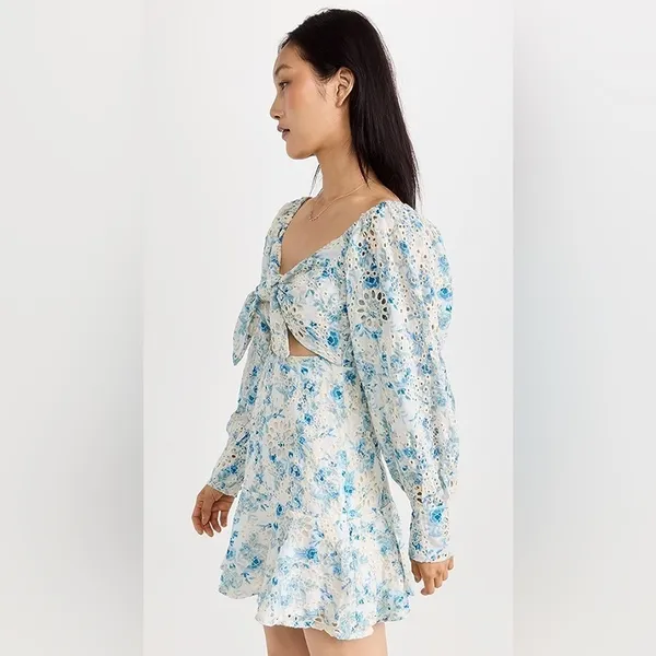 En Saison Claire Eyelet Lace Mini Dress with Tie Blue Floral Small NWT - Image 11