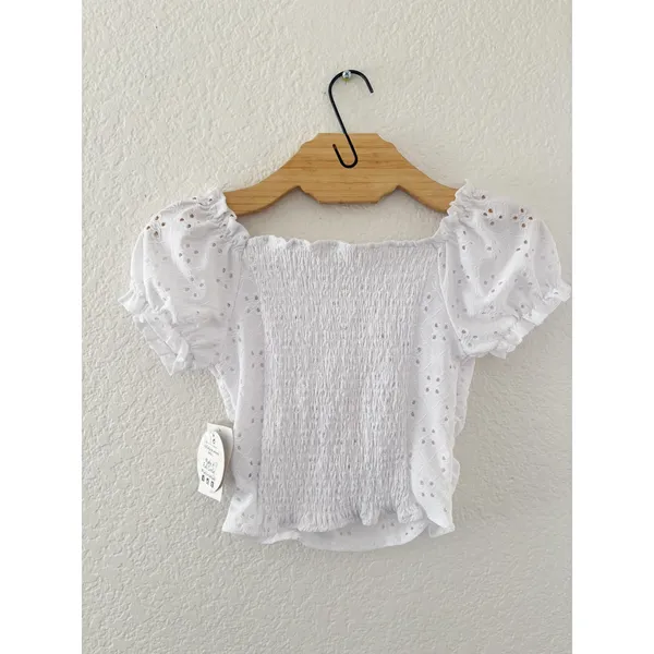 Jolie & Joy‎ Eyelet Crop Top Small White Ruched Puff Sleeve Smocked Sweetheart - Image 2