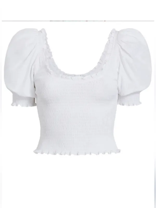 HILL HOUSE The Nap Top White Smocked Cropped Short Puff Sleeve XS NEW - Image 4