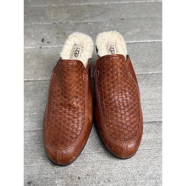 UGG‎ Australia 5564 Woven Leather Shearling Lined Heeled Mules Brown Womens 8.5 - Image 3