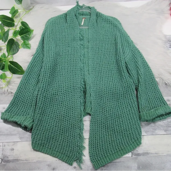 FREE PEOPLE I’ll Be Around Silk Blend Green Knit Oversized Cardigan Size Medium - Image 3