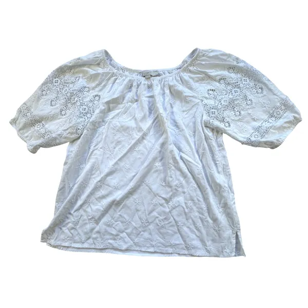LOFT White Eyelet Crochet Lace Peasant Blouse Womens Small Scoop Neck Top Stars - Image 8