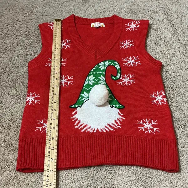 Poof Ugly Christmas Gnome Sweater Vest Womens Small Red Snowflake Pom Pom V-Neck - Image 5