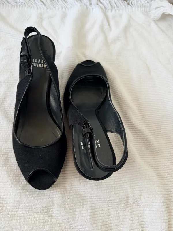 Stuart Weitzman Black linen Peep-Toe Slingback Wedges with Brown Woven Heel - Image 10