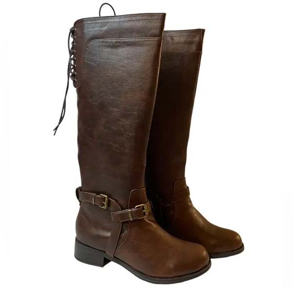 SODA Brown Knee High Faux Leather Rear Lacing Boots NIB - Size 6 - Image 4