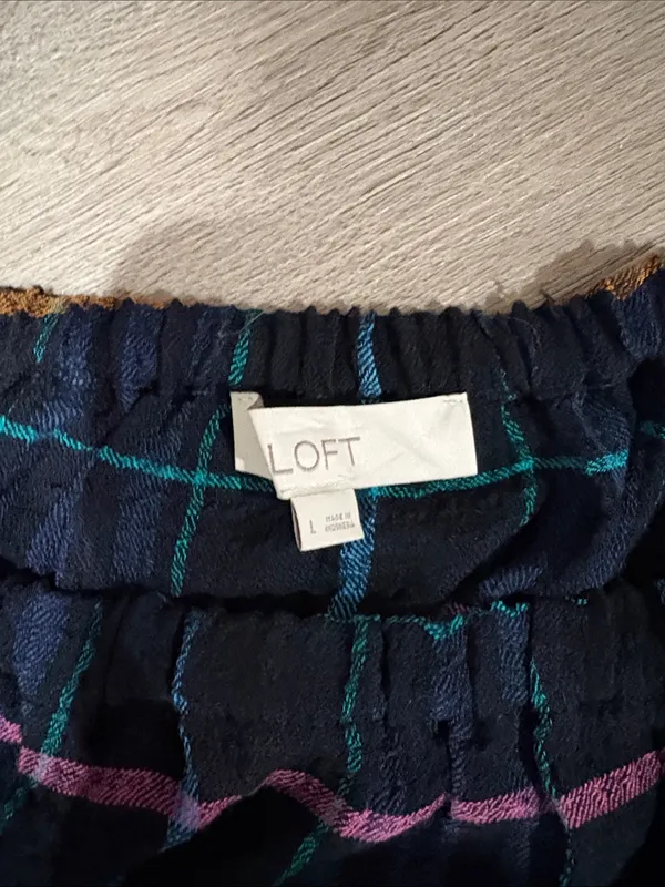 LOFT Black Navy Plaid Off-Shoulder Peplum Long-sleeve Blouse Size L - Image 2