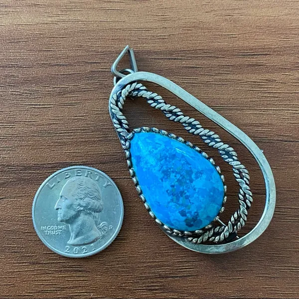 Unsigned Southwestern Sterling Silver Teardrop Turquoise Pendant Brooch - Image 7