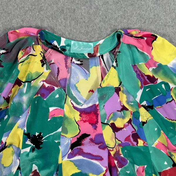 J Jordan Emerald Floral Pleated Blouse Women's Small Tunic Balloon Sleeve V-Neck - Image 3